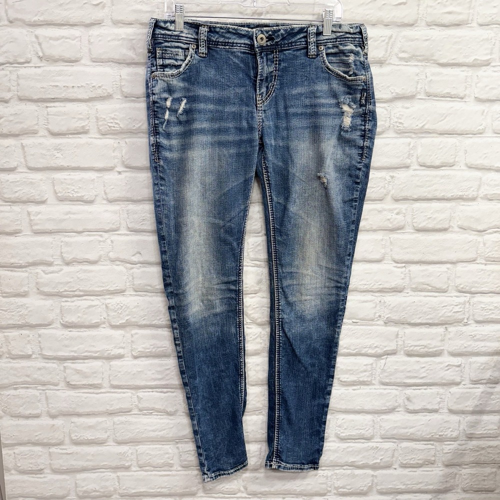 Silver Jean Co Women's Girlfriend Super Stretch Blue Jeans Size 31x29 Distressed